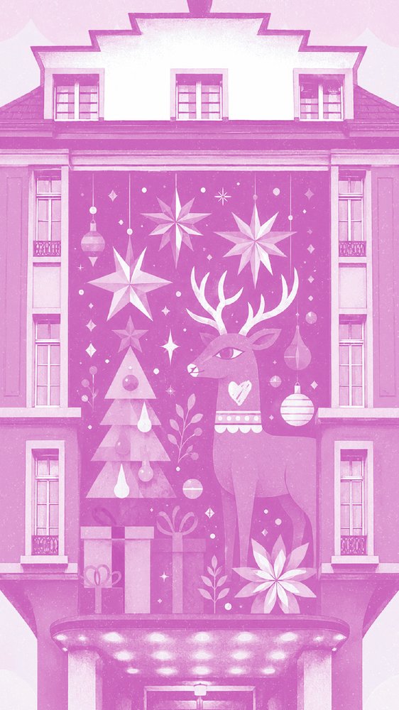 eine Illustration des ROXY als Wintermarkt. DAs Haus von Vorne, dazwischen ein Rentier und Schneeflocken